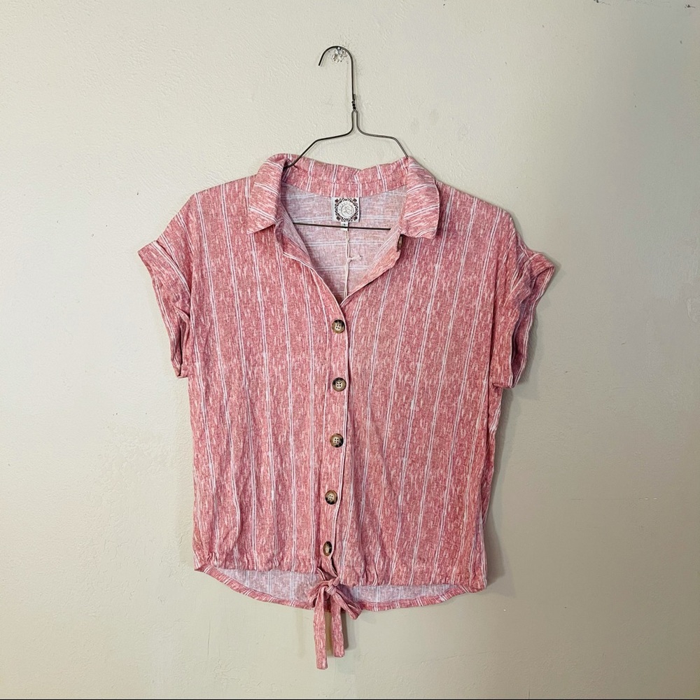 NWT Striped Tie Front Button Top